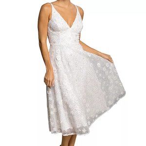 Dress the Population Elisa White Beaded Floral Midi Fit & Flare Dress Bridal XXS